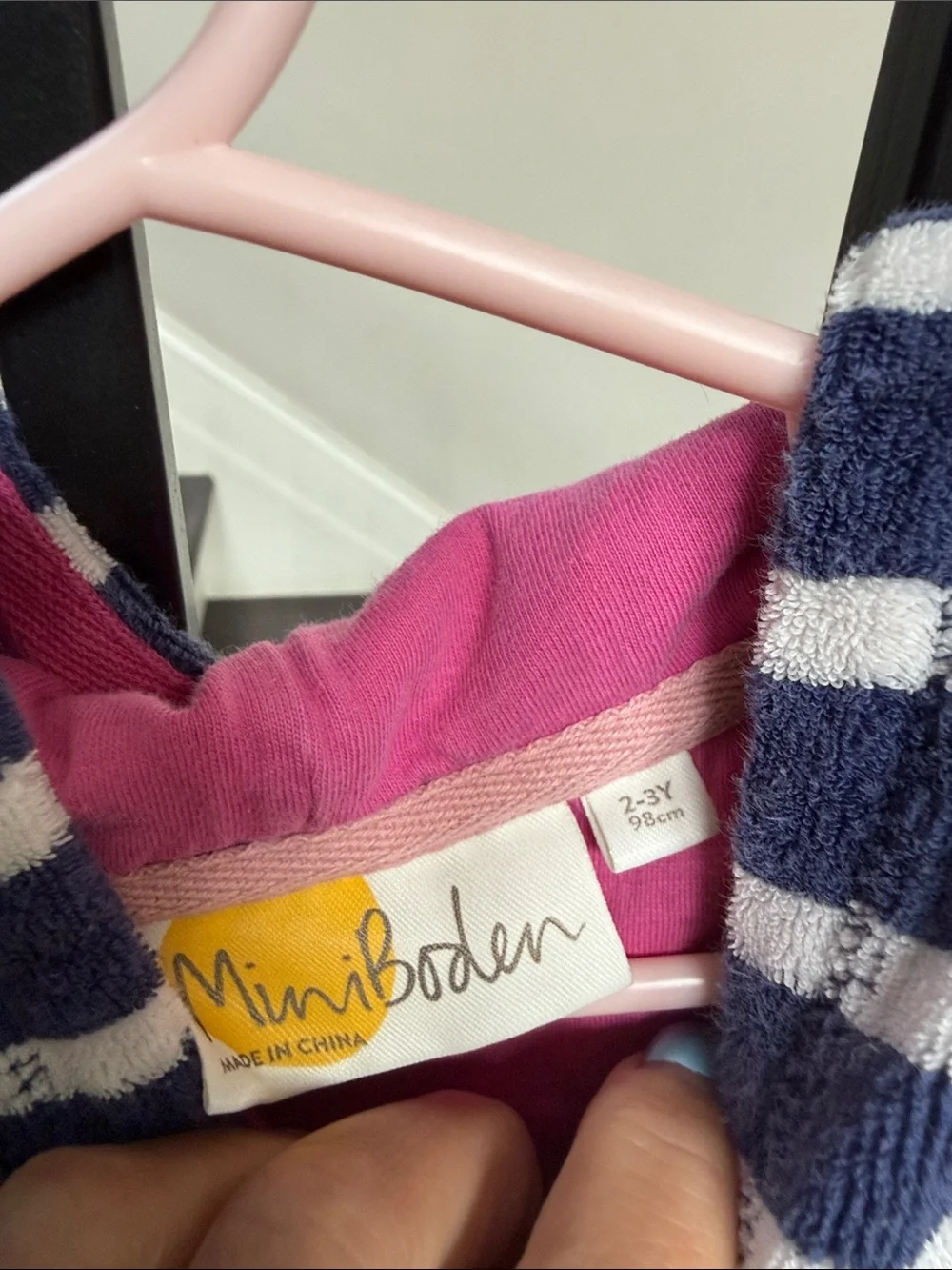 Mini Boden Navy and White Striped Hooded Swim Coverup with Pink Flamingo